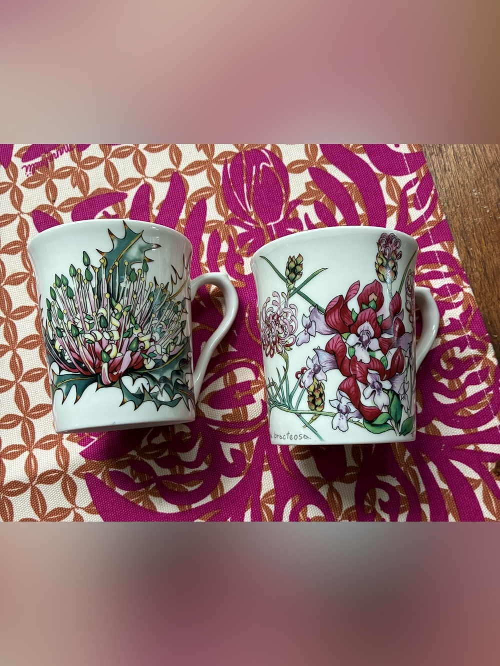 Australian Wildflower Floral Porcelain Mugs - Pink & Green Botanical Design